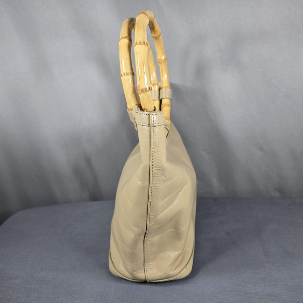Talbots Leather Top Handle Tote Bag Women Beige Bamboo Handles Purse Handbag - Picture 4 of 10